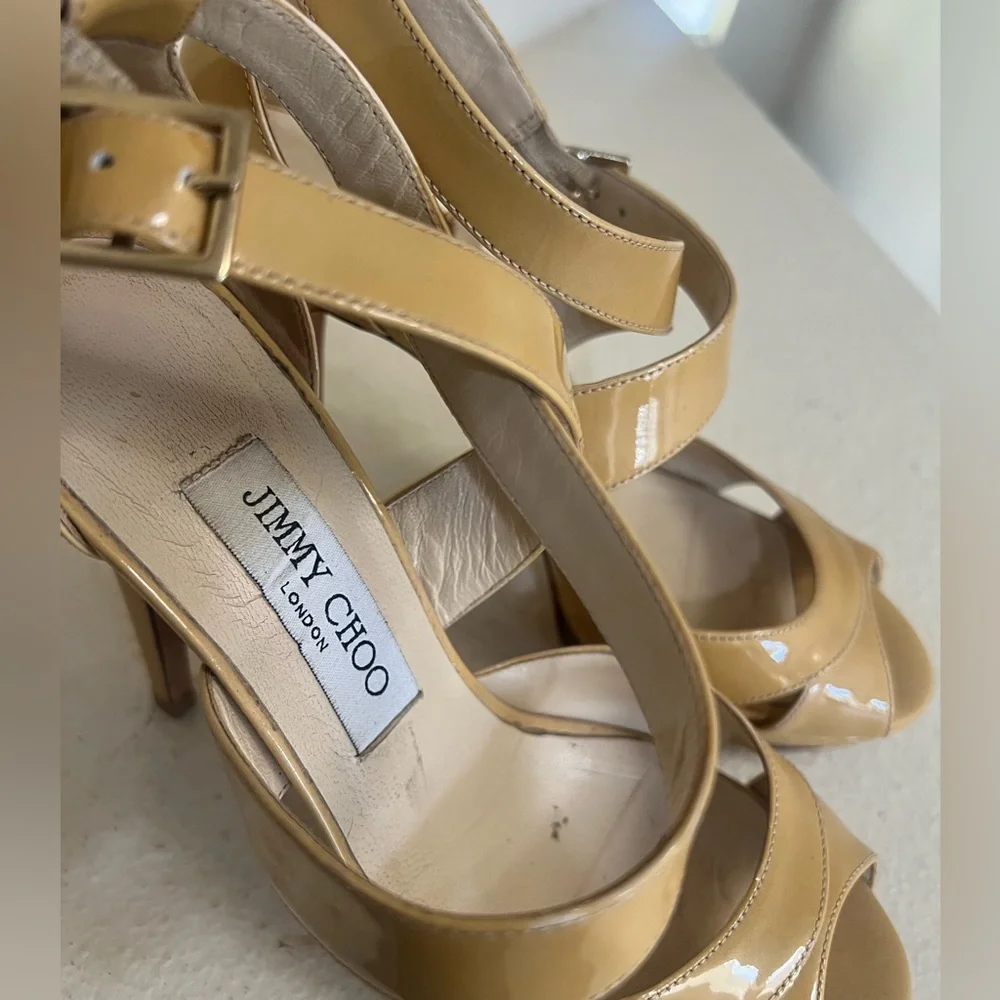Jimmy Choo Beige Patent Leather Vamp Ankle Strap Sandals Size 37. US‎ 7 - Picture 2 of 7